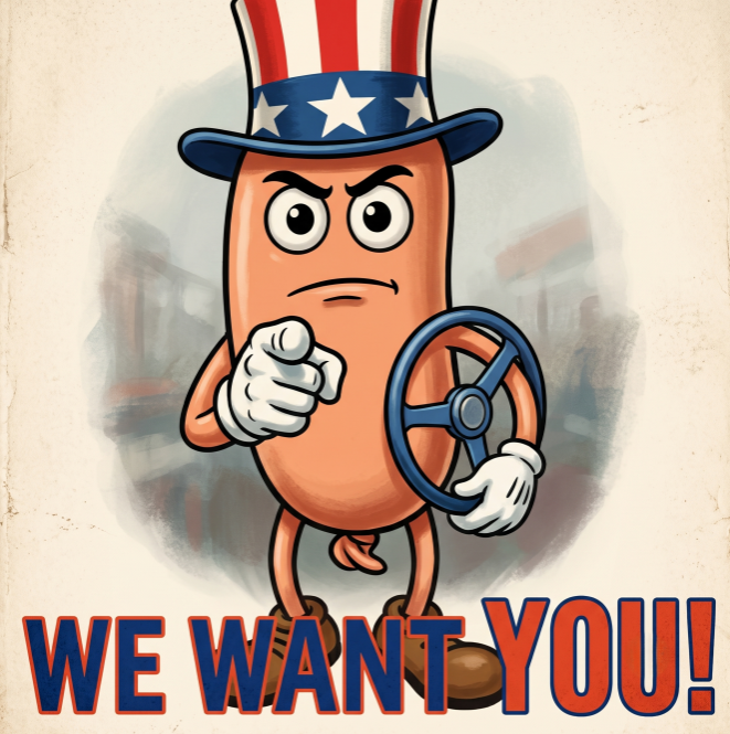 SDR sausage mascot in an Uncle Sam recruitment poster